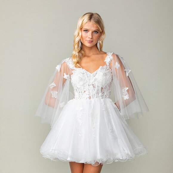 New Off White Mini Bridal Dress w/ Cape Sleeves & Butterfly Applqiue DQ 3393 - Picture 1 of 9